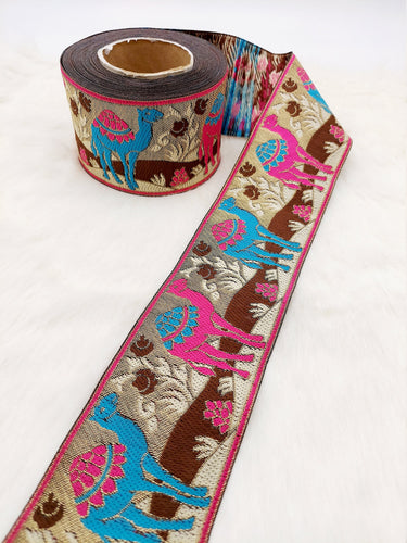 9 Yards Antique Gold Jacquard Brocade Sari Border Trim, Indian Woven Ribbon, Camel Trim